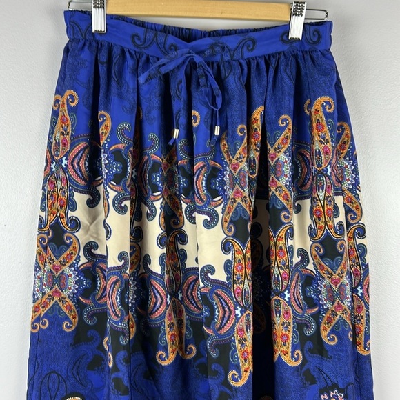 Mango Bohemian Paisley Floral Tie Waist A Line Pockets Maxi Skirt Small Blue - Picture 3 of 12